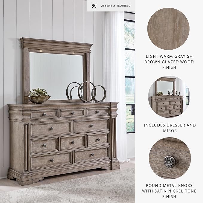 Signature Design by Ashley Blairhurst Traditional 10-Drawer Dresser and Mirror with Safety Stop, Felt-Lined Top Drawer and LED Lights, Light Brown