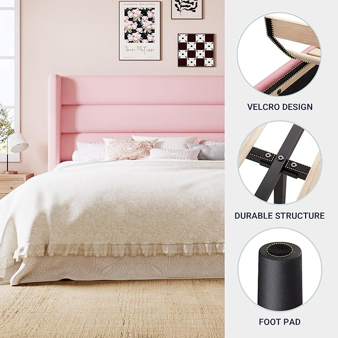 Allewie Full Size Platform Bed Frame with Velvet Upholstered Wingback Headboard, No Box Spring Needed, Under Bed Storage Space, Strong Wooden Slats, Modern Mattress Foundation, Easy Assembly, Pink