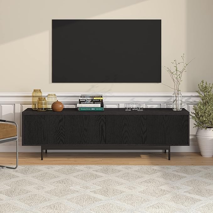 Henn&Hart Fluted TV Stand for TVs up to 75" with 2 Open-Concept Ribbed Storage Cabinets for Living Room, Family Room, or Office, Natural Black