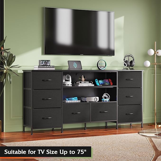 WLIVE TV Stand Dresser for 65,70 inch TV, Entertainment Center with LED Lights & 8 Long Fabric Drawers, Dresser TV Stand for Bedroom and Living Room, Black