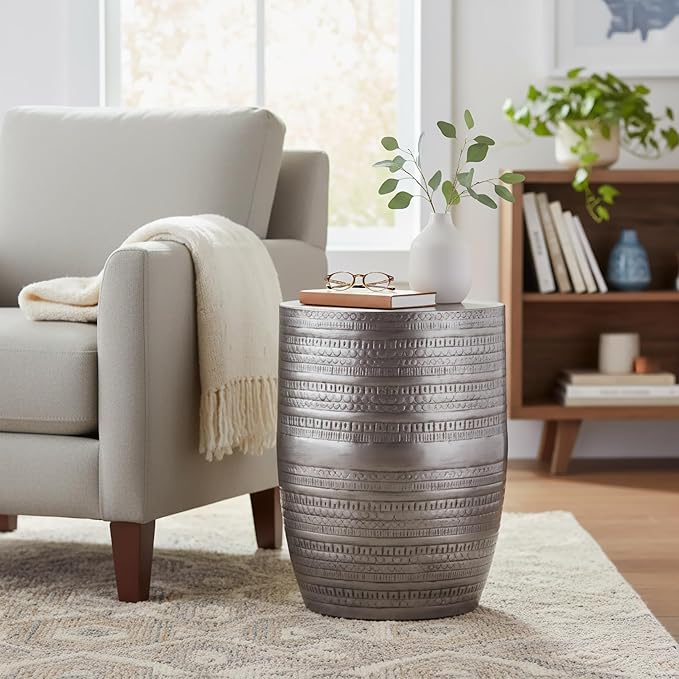 SIMPLIHOME Johnsen Tribal Accent Table – 15 inch Wide Round Metal Drum Side Table in Distressed Nickel, Boho Industrial Accent Table for Living Room with Embossed Tribal Pattern, Assembled