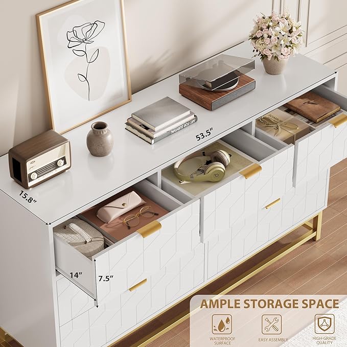 GAOMON Dresser for Bedroom, 53.5" Wide Dresser Organizer, 7 Drawer with Golden Metal Handle and Legs, Modern Chest of Drawers for Closet, Hallway, Living Room, Entryway, White