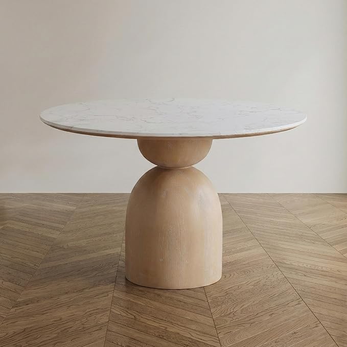 Furniture of America Sonya Modern Round Dining Table with Drum Base and Faux Marble Stone Top, Easy Assembly for Home, Kitchen and Living Room, Natural