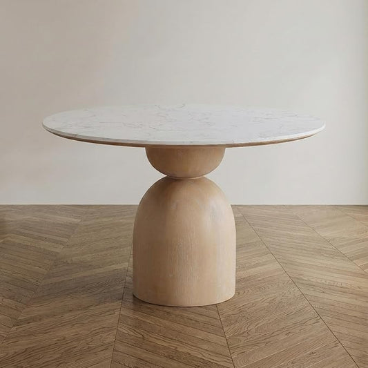 Furniture of America Sonya Modern Round Dining Table with Drum Base and Faux Marble Stone Top, Easy Assembly for Home, Kitchen and Living Room, Natural