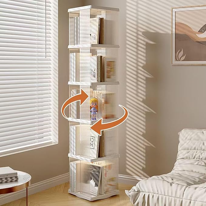5 Tier Rotating Bookshelf Tower, 360° Rotating Bookshelf, Space Saving Rotating Bookshelves, Revolving Bookcase Suitable for Bedrooms, Living Rooms, Studies and Offices, White, Lazy Susan