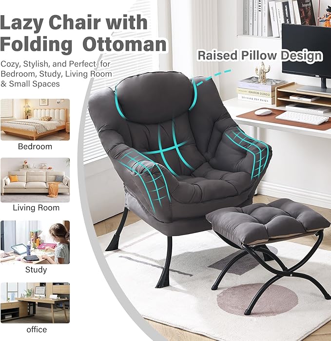 Lazy Chair with Ottoman, Modern Chair with Folding Footrest, Dark Grey Accent Chair, Comfortable Reading Chair, Oversized Armchairs for Bedroom, Study, Living Room, Courtyard