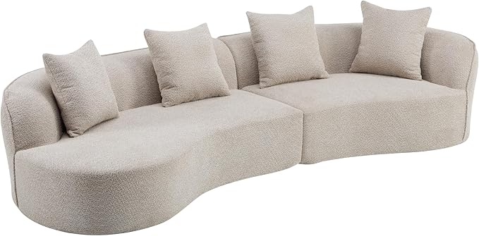 Christopher Knight Home Braebt 126" Comfy Upholstered Cloud Couch, 5-Seater Sofa Couches, Curved Modular Sectional Sofa with 4 Throw Pillows for Living Room, Study, No Assembly Required, Almond
