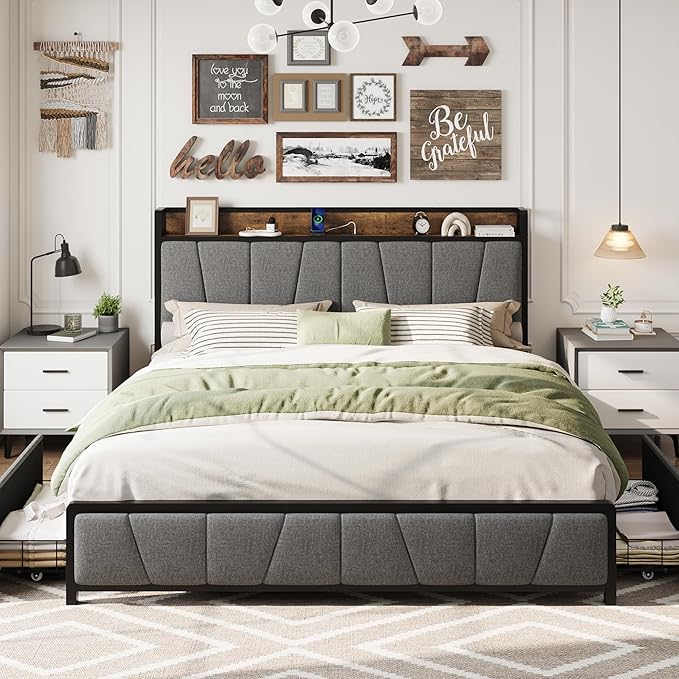GAOMON King Size Bed Frame with 2 Storage Drawers and Charging Station, Rustic Linen Upholstered Platform Bedframe with Storage Headboard, No Box Spring Needed, Easy Assembly, Noise Free, Grey