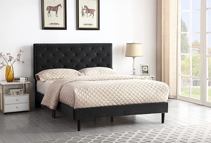 Full Upholstered Platform Bed Frame with 48" Tall Adjustable Headboard - Button Tufted Suede Velour Bed- Wood Slat Support with Storage Space- No Box Spring Needed - Black - OLIVER & SMITH - Princeton