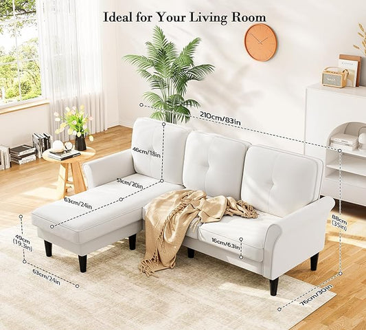Kidirect 83" Sectional Couch, Velvet L-Shaped Couch 3 Seater Sectional Couches for Living Room, Comfy Fluffy Deep Seat Loveseat, Modular Sectional Sofa with Ottoman for Apartment Office, White Couch