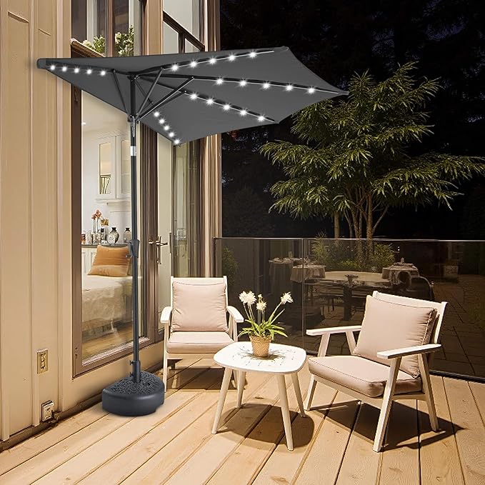 FLAME&SHADE 9 FT Solar Half Patio Umbrella with 25 LED Lights, Half Outdoor Umbrella with Button Tilt, Half Round Table Umbrella For Deck, Backyard, Balconies, Decks, Rvs, UV Protection (Anthracite)
