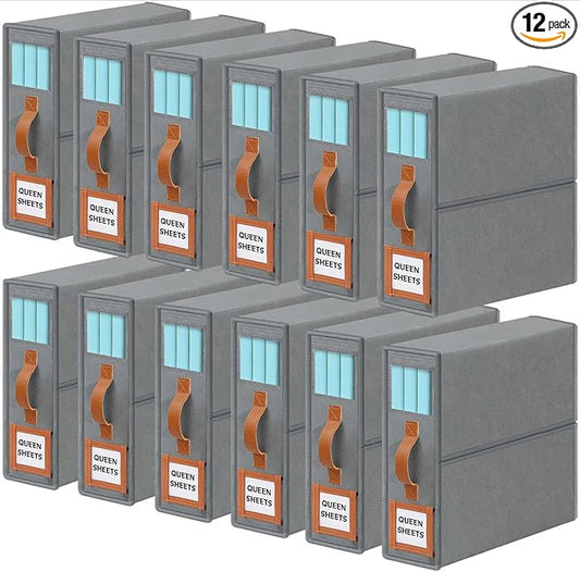 GhvyenntteS 12 Pack Bed Sheet Organizers and Storage, Sturdy Bed Sheet Organizer with Zipper and Handle, Foldable Linen Closet Organizers and Storage with Window and Label, Grey