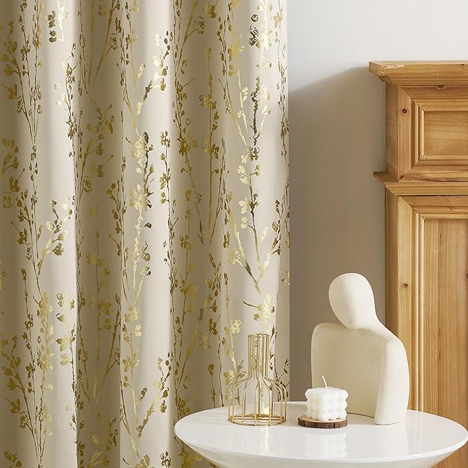NICETOWN Gold Silver Printed 100% Blackout Floral Curtains for Living Room, Grommet Thermal Window Treatments Branch Pattern Drapes or Bedroom, Beige, W52 x L96, 2 Panels