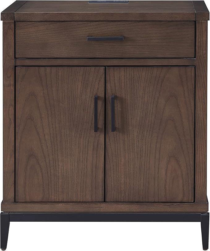 Leick Home Julien Nightstand Side Table One Drawer and Lower Cabinet Traditional – Fast Charging Station – Durable Solid Wood – Living Room, Bedroom, Office, Coffee Bean with Matte Black, 9079-GRMB