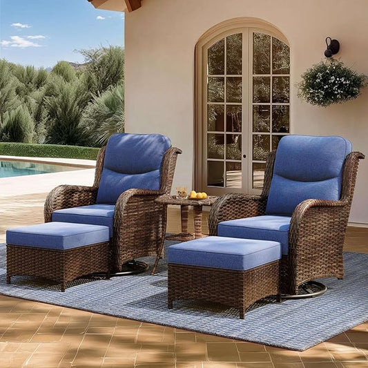 High Back Outdoor Furniture with Extra Thick Cushion Patio Swivel Rocking Chairs, 5PCS Oversized Comfort Wicker Conversation Set for Porch, Deck, Yard in Blue