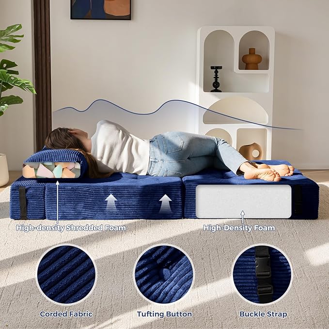 MAXYOYO Folding Sofa Bed, Convertible Chair Bed with High-Density Support Foam, Portable 4 in 1 Fold Out Seating to Floor Lounger, Versatile Floor Sofa Couch for Living Room Bedroom, Navy