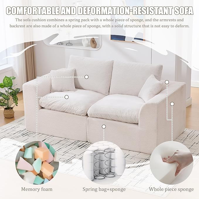 80.3" Cloud Loveseat Boneless Sofas for Living Room, 2 Seaters Modular Foam Cloud Sofa Couches, 2 Seat Compression Foam Couch with Toss Pillows, No Assembly Required