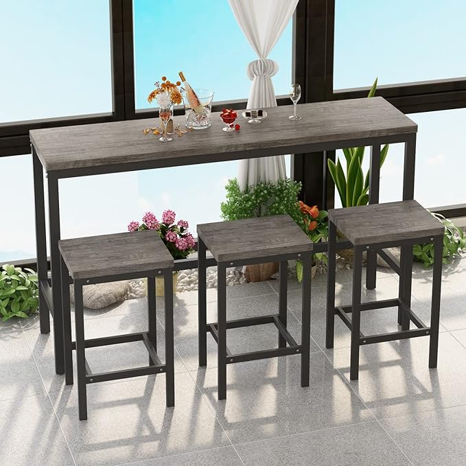 Merax 4-Piece Counter Height Extra Long Dining Table Set with 3 Stools and Footrest, Modern Design Kitchen Dining Table, Pub Table, Long Dining Table Set, Brown Gray