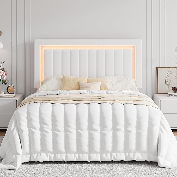 SHA CERLIN Full Size Velvet Bed Frame with LED Light, Adjustable Vertical Channel Tufted Headboard, Strong Wooden Slats Support, Noise-Free, No Box Spring Needed, White