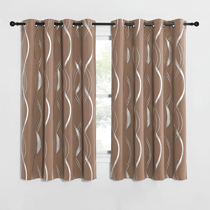 NICETOWN Bedroom Blackout Curtains Panels - Window Treatment Thermal Insulated Solid Grommet Blackout Wave Line Foil Print Design Curtains for Living Room (Cappuccino, Set of 2, 52 by 63 Inch)