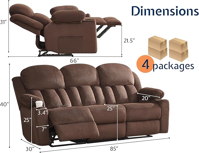 Jocisland Manual Recliner Couch, Reclining Sofa with Cup Holders, 3 Seater Reclining Couch with Dual Wingback, Comfy Recliner Sofas for Living Room(Brown)