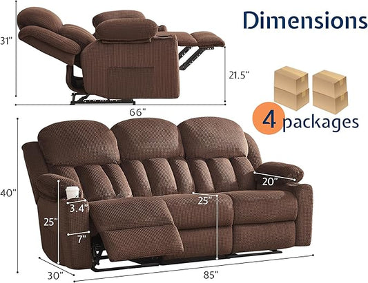 Jocisland Manual Recliner Couch, Reclining Sofa with Cup Holders, 3 Seater Reclining Couch with Dual Wingback, Comfy Recliner Sofas for Living Room(Brown)