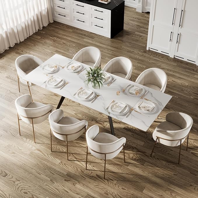 Extendable Dining Table with Leaf, 65"-95" Rectangular Sintered Stone, Marble-Look Top, Seats 6-12, Metal Base, Easy-Clean, Heat & Scratch Resistant, Dining Room/Kitchen Table for Family Gatherings