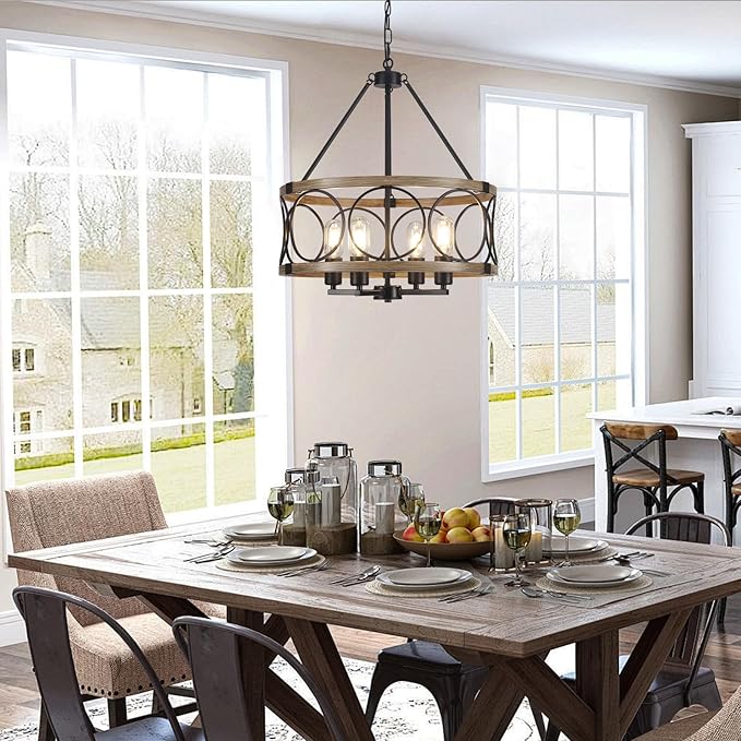 4-Light Farmhouse Chandelier, Rustic Faux Wood Chandeliers Dining Room Light Fixture, Round Pendant Light, Hanging Kitchen Island Light for Living Room, Entryway, Foyer-Black & Wood Grain