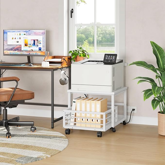 HOOBRO Mini Fridge Stand with Movable Storage Basket, Mini Fridge Cabinet with Wheels and Adjustable Feet, Sturdy Metal Frame, for Home, Apartment, Office, White WW155TL01