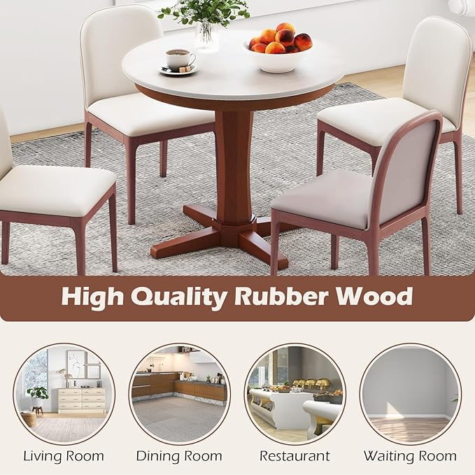 COSTWAY Round Table for 4 People, Wood Kitchen Table w/Rubber Wood Frame, Pedestal Base, Farmhouse Mid Century Dinner Table for Restaurant