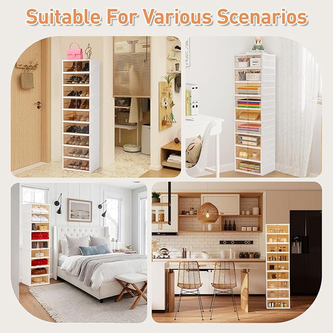 SAYMA 9 Tiers-18 Pairs Foldable Shoe Rack Organizer Plastic Collapsible Shoe Shelf Clear Shoe Boxes Stackable with Door Easy Assembly Shoe Cabinet for Entryway, Living Room (9 Tiers-18 Pairs)