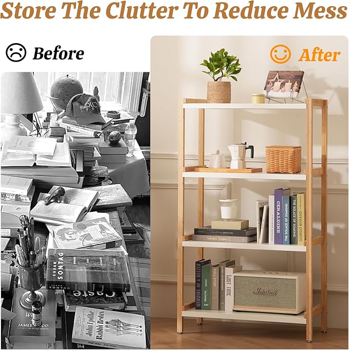 Open Shelf Bookcase - 4-Tier Floor Standing Display Bookshelf Multifunctional Display Stand for Home and Office White Shelf Bamboo