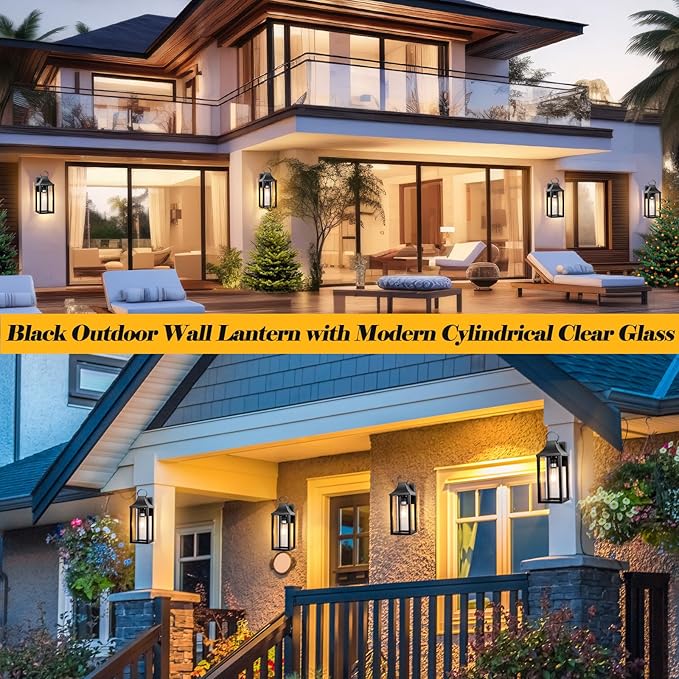 17 Inch Porch Light Large Black Outdoor Light Fixture with Cylindrical Clear Glass, IP65 Waterproof Exterior Lighting Fixture Outside Lantern for House Outdoor Wall Sconce, Matte Black