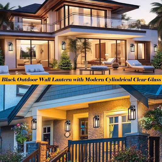 17 Inch Porch Light Large Black Outdoor Light Fixture with Cylindrical Clear Glass, IP65 Waterproof Exterior Lighting Fixture Outside Lantern for House Outdoor Wall Sconce, Matte Black