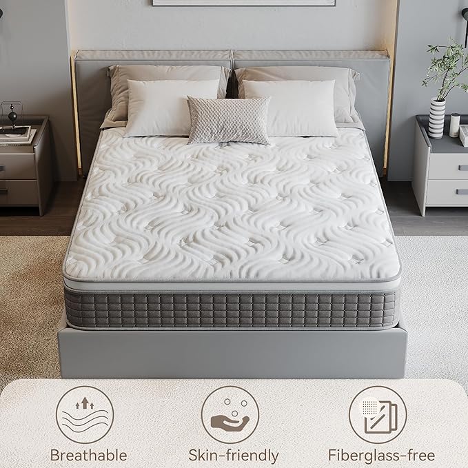 Nelaukoko Queen Mattress, 12 Inch Queen Size Hybrid Mattress with Memory Foam & Individually Wrapped Pocket Springs for Back Support, Medium-Firm, Motion Isolation, Edge Support, CertiPUR-US Certified