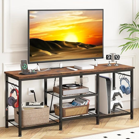YGEOMER Entertainment Center for 55 50 45 43 40 32 Inch TVs, TV Stand with Power Outlet and Open Storage Shelves, TV Media Console Table for Living Room and Bedroom, Rustic Brown
