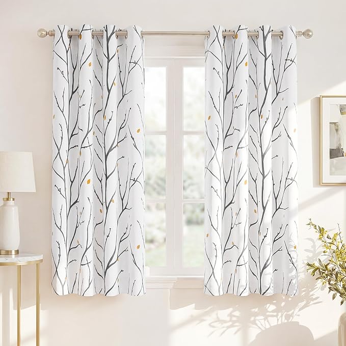 NICETOWN White Curtains with Grey Twist Branches & Flowerrain Pattern, Silver Grommet Romantic Room Darkening Light Blocking Vertical Drapes for Bedroom/Kids Room, W52 x L63, 2 PCs