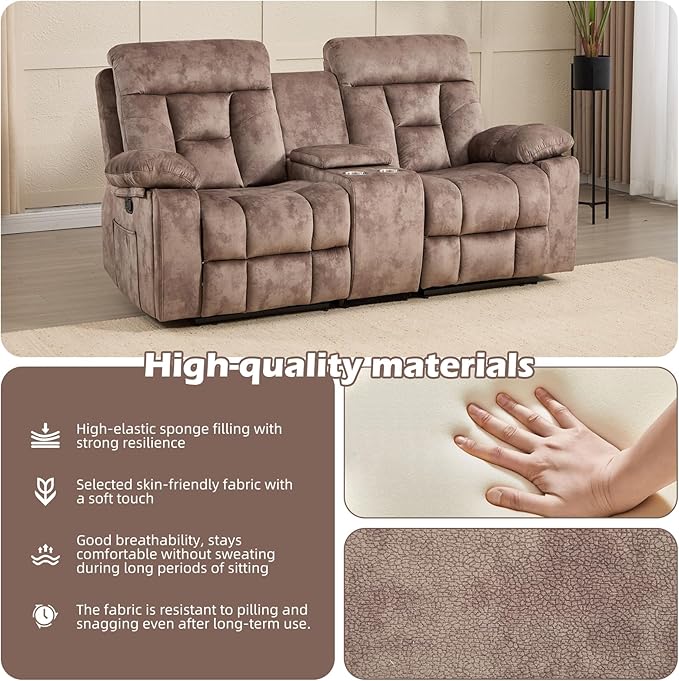 CANMOV Loveseat Recliner, Manual Recliner Sofa Chair for Living Room, Reclining Sofa with Storage Console,Hidden Cup Holders, 2 Seat, Camel-Brown