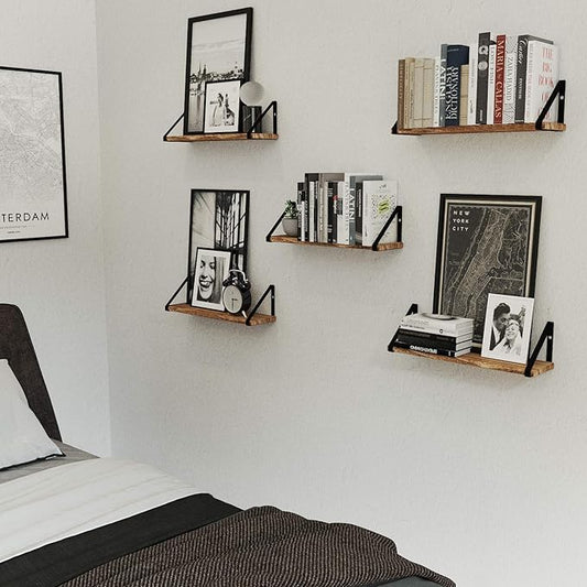 Wallniture Ponza 17'' x 4.5'' Floating Wall Shelf Bathroom, Small Wood Book Shelves for Wall Storage, Wall Mounted Shelf, Dining Room, Bedroom, Living Room, Office & Kitchen Organization, Burnt, 5pcs