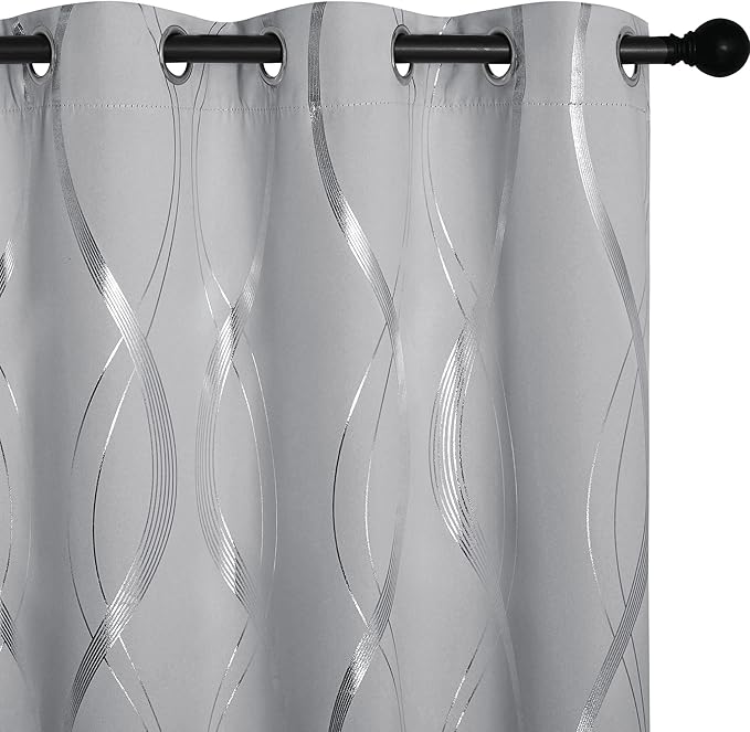 NICETOWN Kitchen Blackout Curtain Panels, Silver Grey, Set of 2, 42" by 40", Window Treatment Thermal Insulated Solid Grommet Blackout Wave Line Foil Print Design Curtains for Kitchen, Cafe, Loft