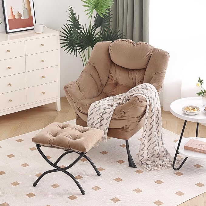 Lazy Chair with Ottoman, Modern Chair with Folding Footrest, Velvet Khaki Accent Chair, Comfortable Reading Chair, Oversized Armchairs for Bedroom, Study, Living Room, Courtyard