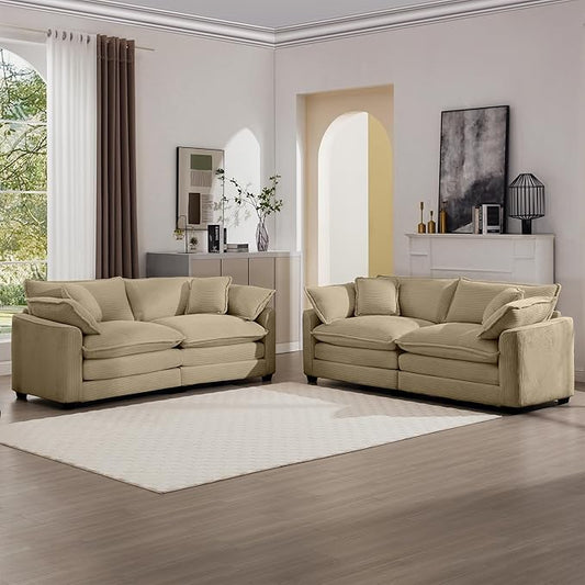 KEIKI 2-Piece Sofa Set with 2 Oversized Corduroy Loveseat Sofa, Upholstered Modern 4-Seater Corner Couch Set with 8 Pillow, High-Density Foam Cushions, Removable Armrests, for Living Room, Tan