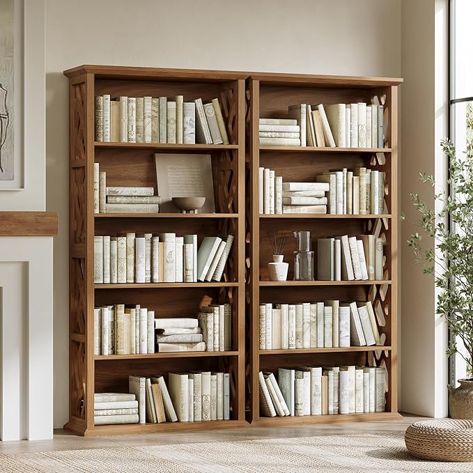 LITTLE TREE Wooden Bookshelf, Farmhouse 5-Shelf Bookcase, 70.9" Bookshelves and Bookcases, Office Bookshelf for Living Room, Bedroom, Kitchen, Home Office, Vintage Openwork Design, Rustic Brown