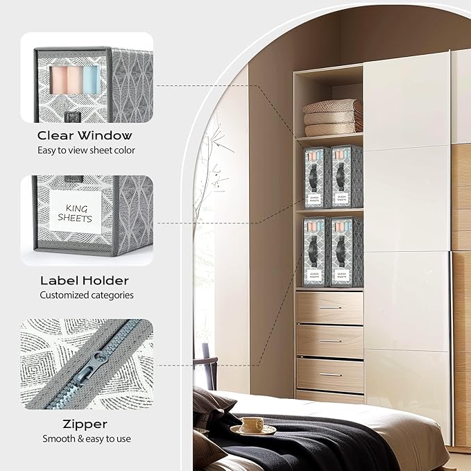 Yecaye 8 Pack Sheet Organizers and Storage with Clear Window and Label, Foldable Bed sheet Organizer for Linen Closet, Fabric Bedding Storage Box for Duvet Covers, Pillowcases, Queen & King Size, Grey