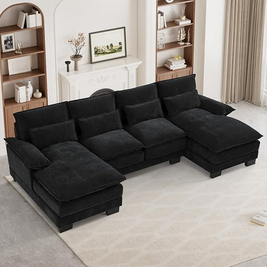 ONEMMLION U Shape Cloud Couch Sectional Sofa for Living Room, 110" Modern Chenille Comfy Cloud Sofa, 4 Seat Upholstered Modular Sofa with Memory Foam & Double Chaise, Jet Black