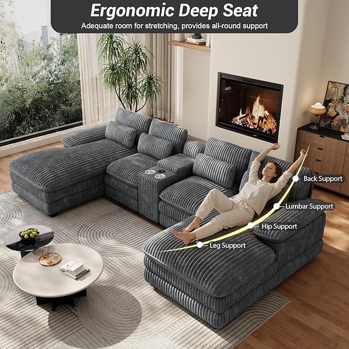 133" Oversized U Shaped Cloud Couch Modular Sectional Couches for Living Room Comfy Corduroy Deep Seat Sofa Set with Double Chaise Lounge, Storage Central Console, Cup Holders, USB Port, Dark Grey