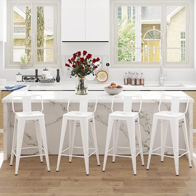 Tongli Metal Bar Stools Set of 4 Barstools Bar Height Bar Stools with Back Industrial Bar Stool Indoor Counter Stool Kitchen Island Stools Modern Bar Chair 30inch White Cream