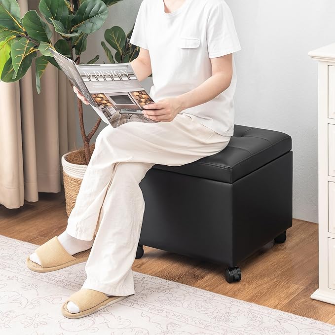 Adeco Modern Tufted Faux Leather Storage Ottoman with Wheels | 18.8" Square Rolling Footrest Stool & Vanity Seat for Living Room, Bedroom, Dorm | Hinged Lid, Black