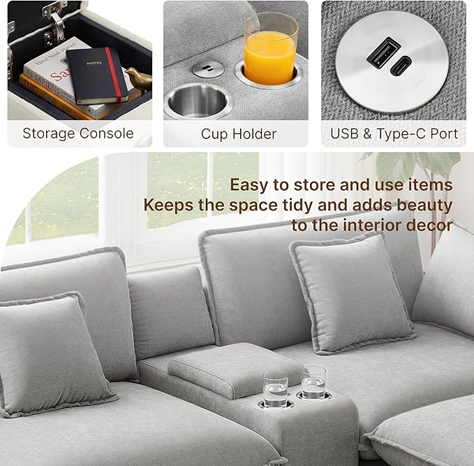 157" Oversized Modular Sectional Sofa with Storage Console,U-Shaped Cloud Couch with Movable Ottoman,Deep Seat,Thick Cushions, Multi Functional Console with USB & 2 Cup Holder,Sofa Set for Living Room | Wood Frame