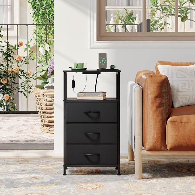 Somdot Nightstands Set of 2,Bedside Tables with Charging Station and LED Lights,Night Stand with 3 Fabric Drawers, End Tables with Open Shelf for Bedroom Living Room Entryway Hallway, Black